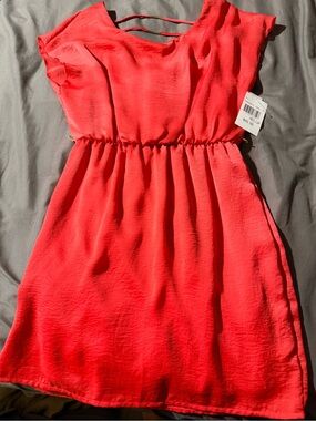 Girls Coral Red Elastic-Waist Dress